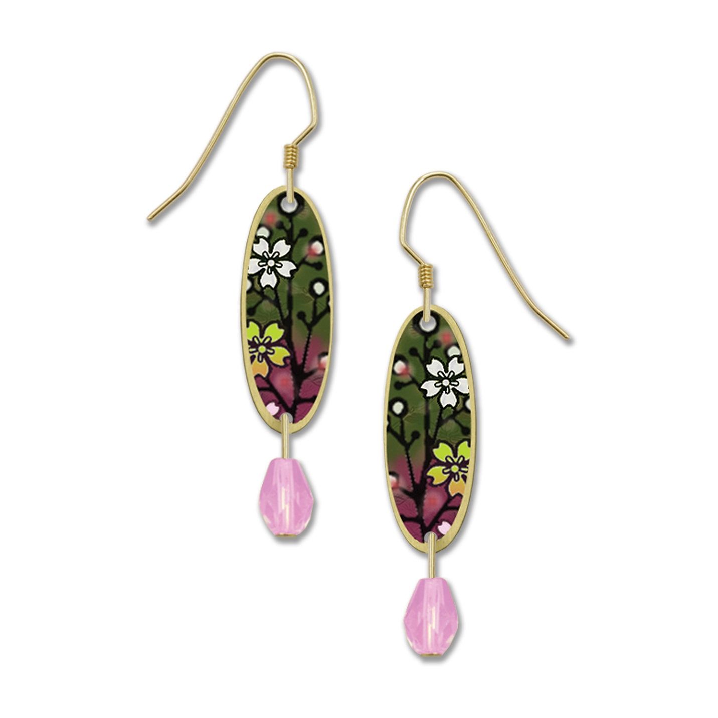 Purple &amp; Green Flower Oval-LT Earrings, Color: Gold