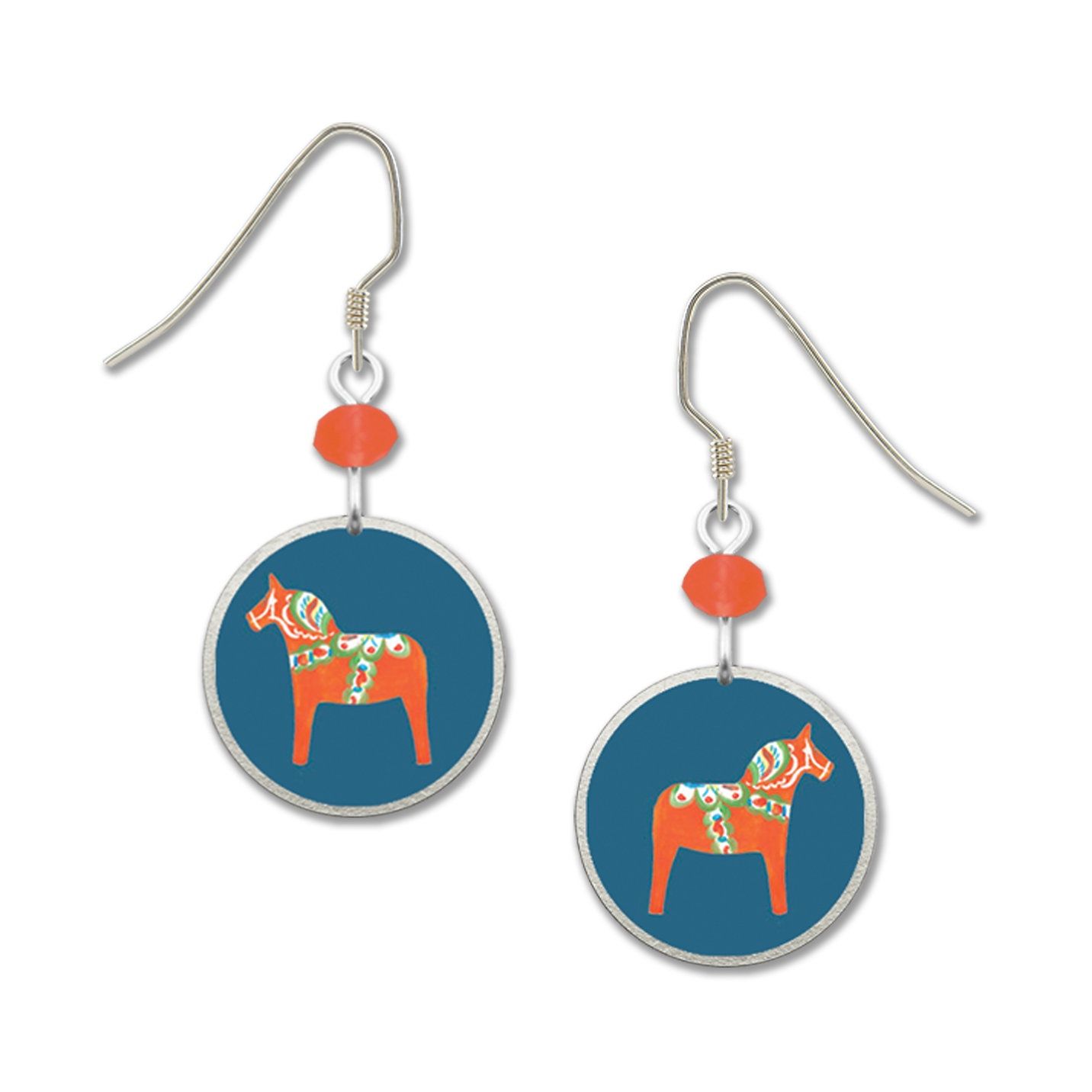 Red Dala Horse on Blue Circle-LT Earrings, Color: Silver