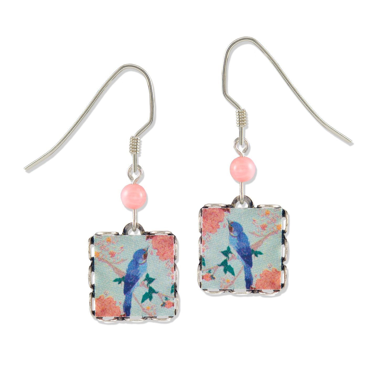 Blue Bird on Branch-LT Earrings, Color: Silver