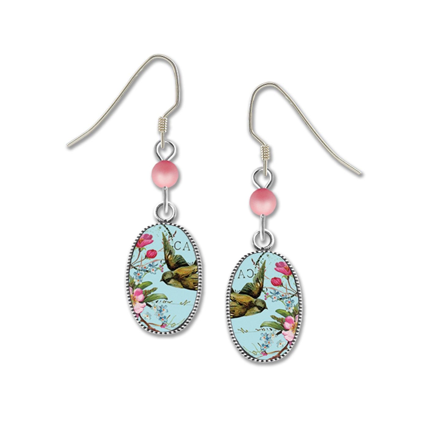 Oval Bird w/Rose-LT Earrings, Color: Silver