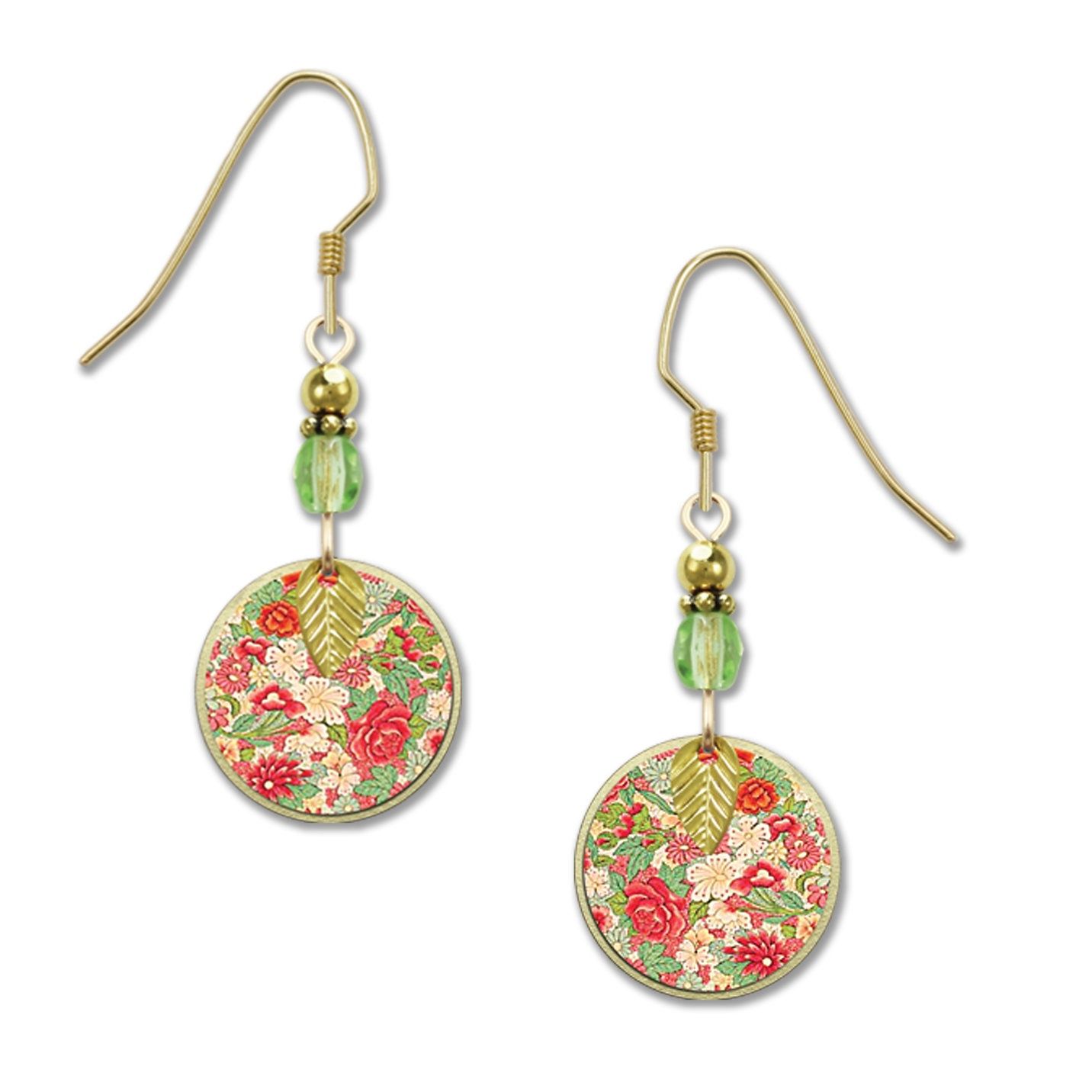 Red Floral w/Leaf-LT Earrings, Color: Gold