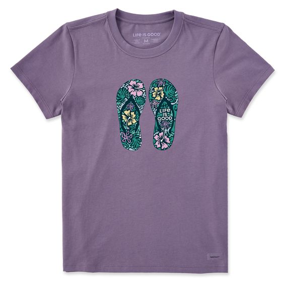 Life is Good Women's Hibiscus Flip Flops Short Sleeve Shirt, Color: Dusk Purple, Size: M