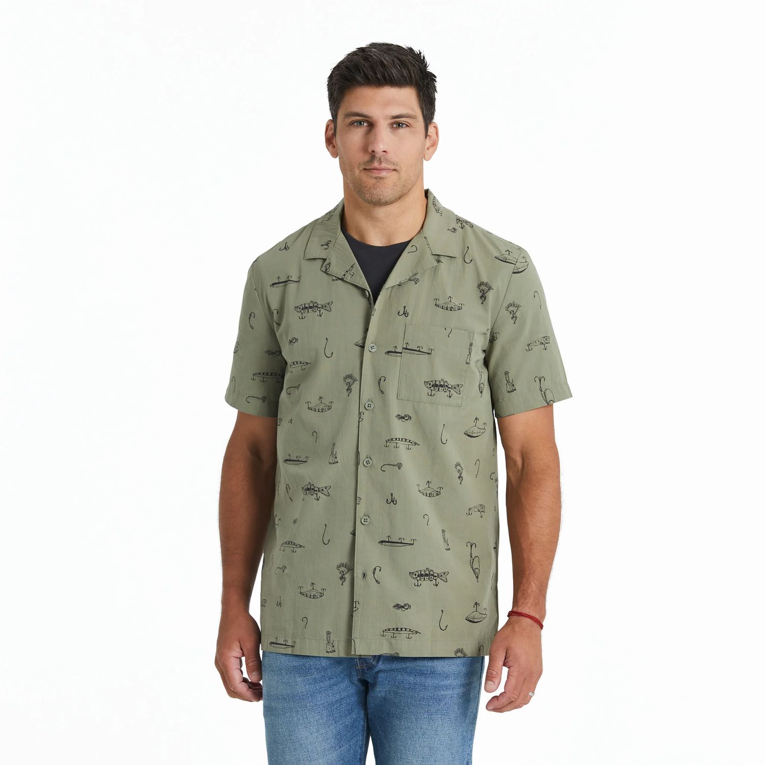 Life is Good Men's Fish Tackle Box Pattern Camp Shirt, Color: Moss Green, Size: S