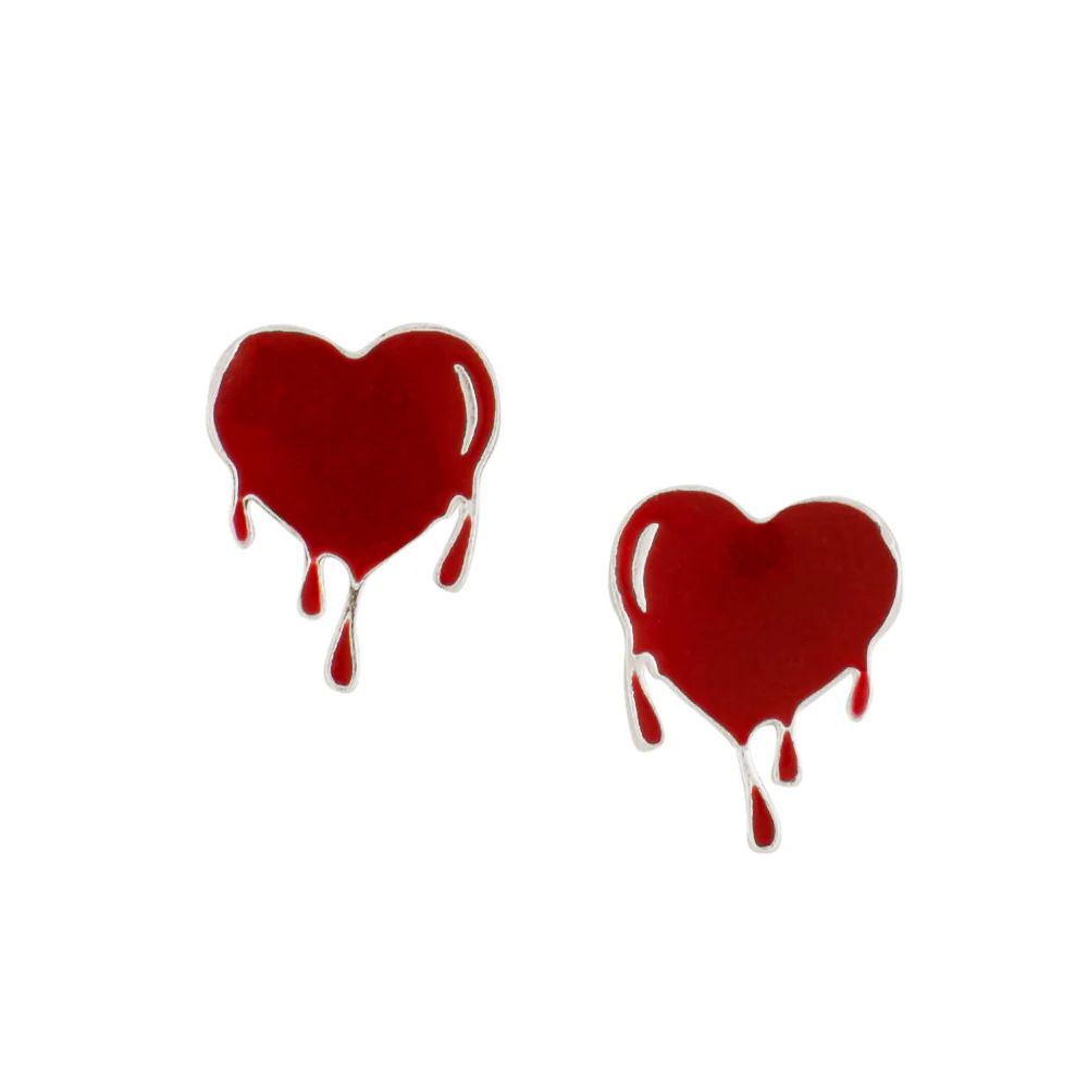 Bleeding Heart Studs in Red Enamel Earrings, Color: Silver
