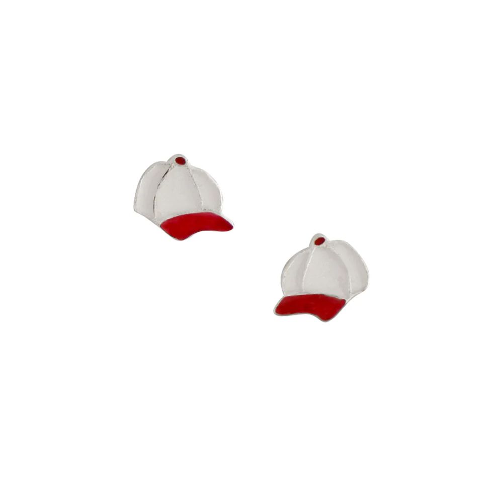 Baseball Cap in White &amp; Red Enamel Post Earrings, Color: Silver