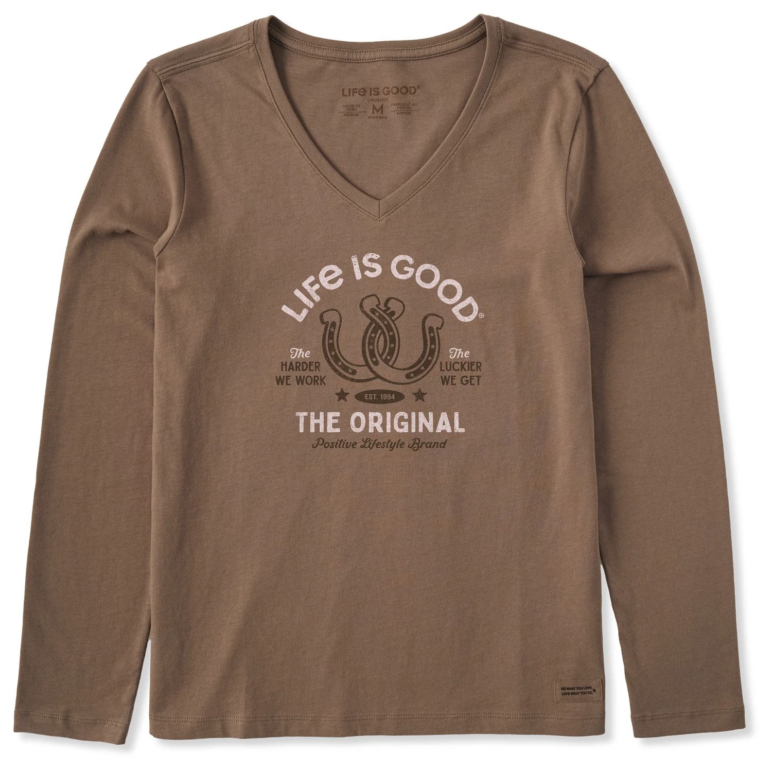 Life is Good Women's Lucky Horseshoes Long Sleeve Vee Neck Tee Shirt, Color: Mushroom Brown, Size: Medium