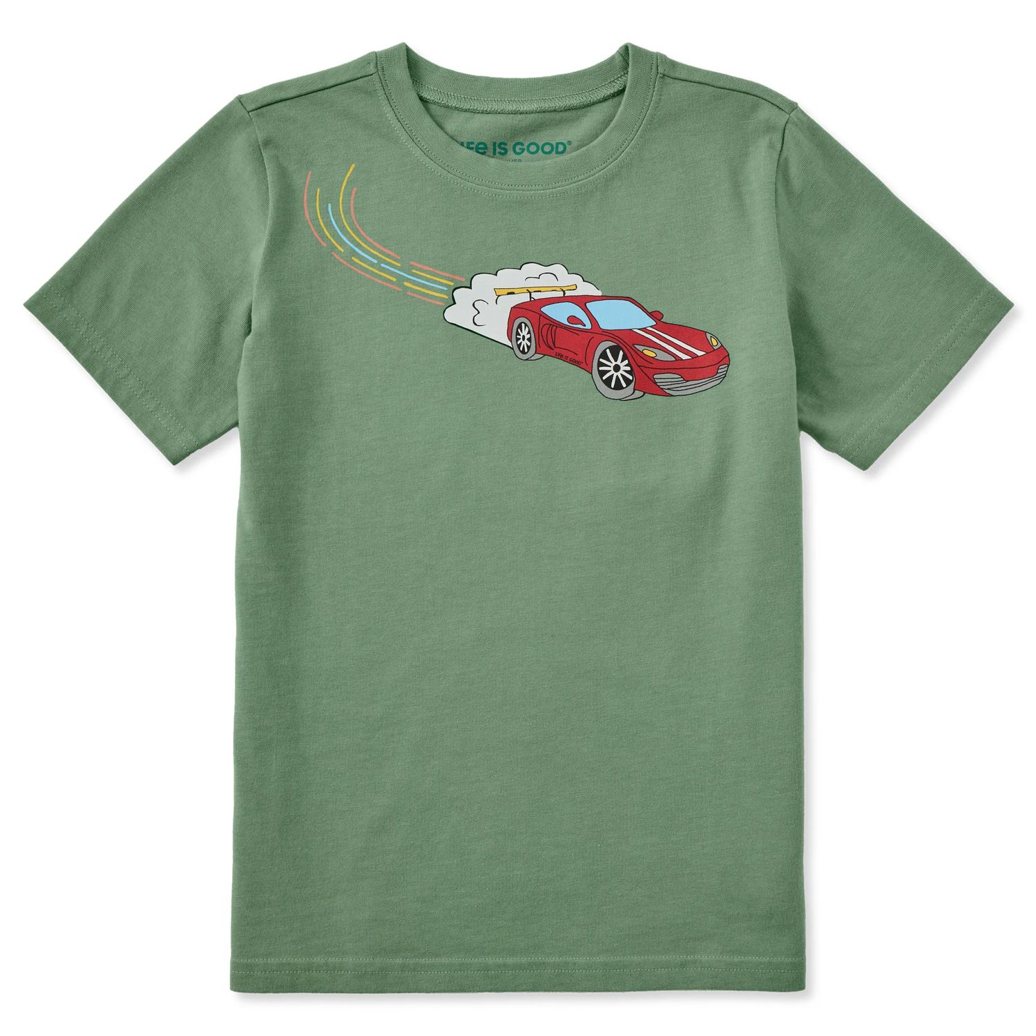 Life is Good Kids Peelin' Out Race Car Short Sleeve Tee Shirt, Color: Granite Green, Size: XS