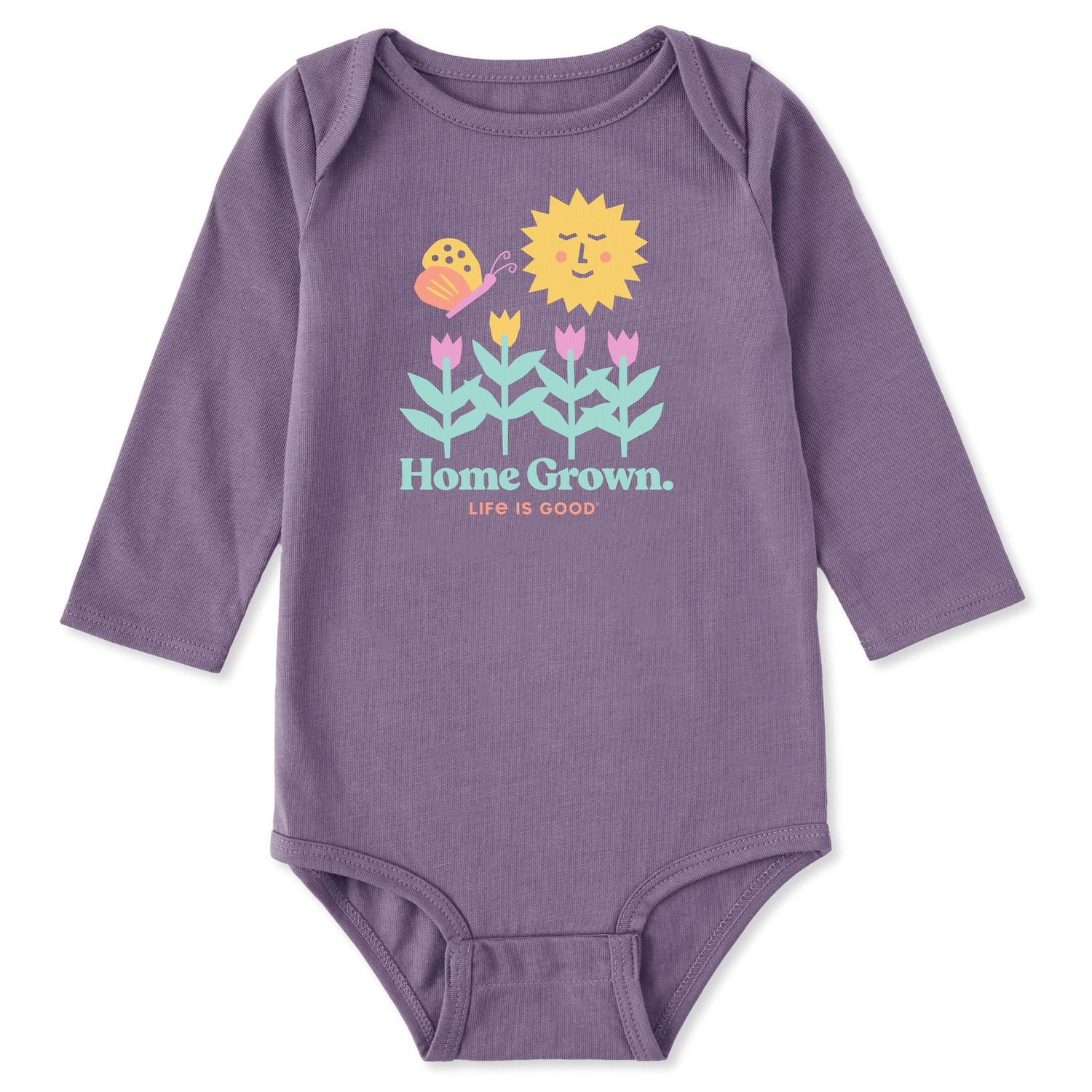 Life is Good Home Grown Garden Long Sleeve Crusher Baby Bodysuit, Color: Dusk Purple, Size: 0-3