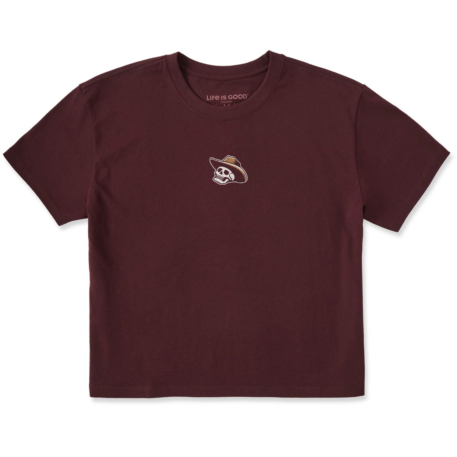 Life is Good Women's Life Was Good Western Skull Short Sleeve Boxy Tee Shirt, Color: Deep Burgundy, Size: XS