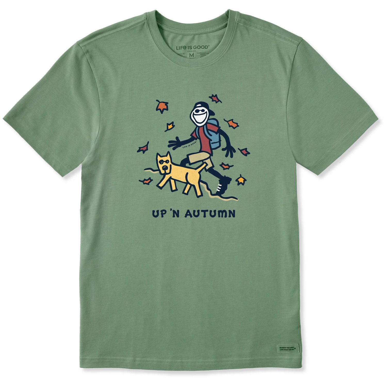 Life is Good Men's Jake &amp; Rocket Up 'N Autumn Short Sleeve Tee Shirt, Color: Granite Green, Size: Medium