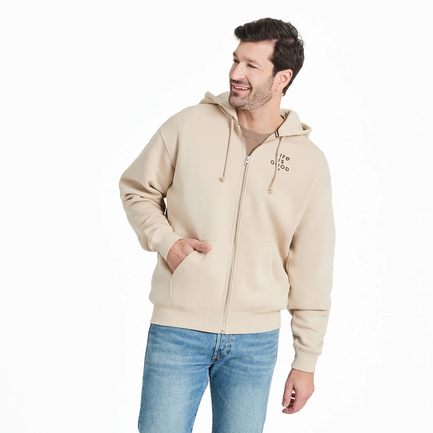 Life is Good Men's Crafty Lig Stacked Good Vibes Fleece Zip Hoodie, Color: Sandstone Khaki, Size: Medium