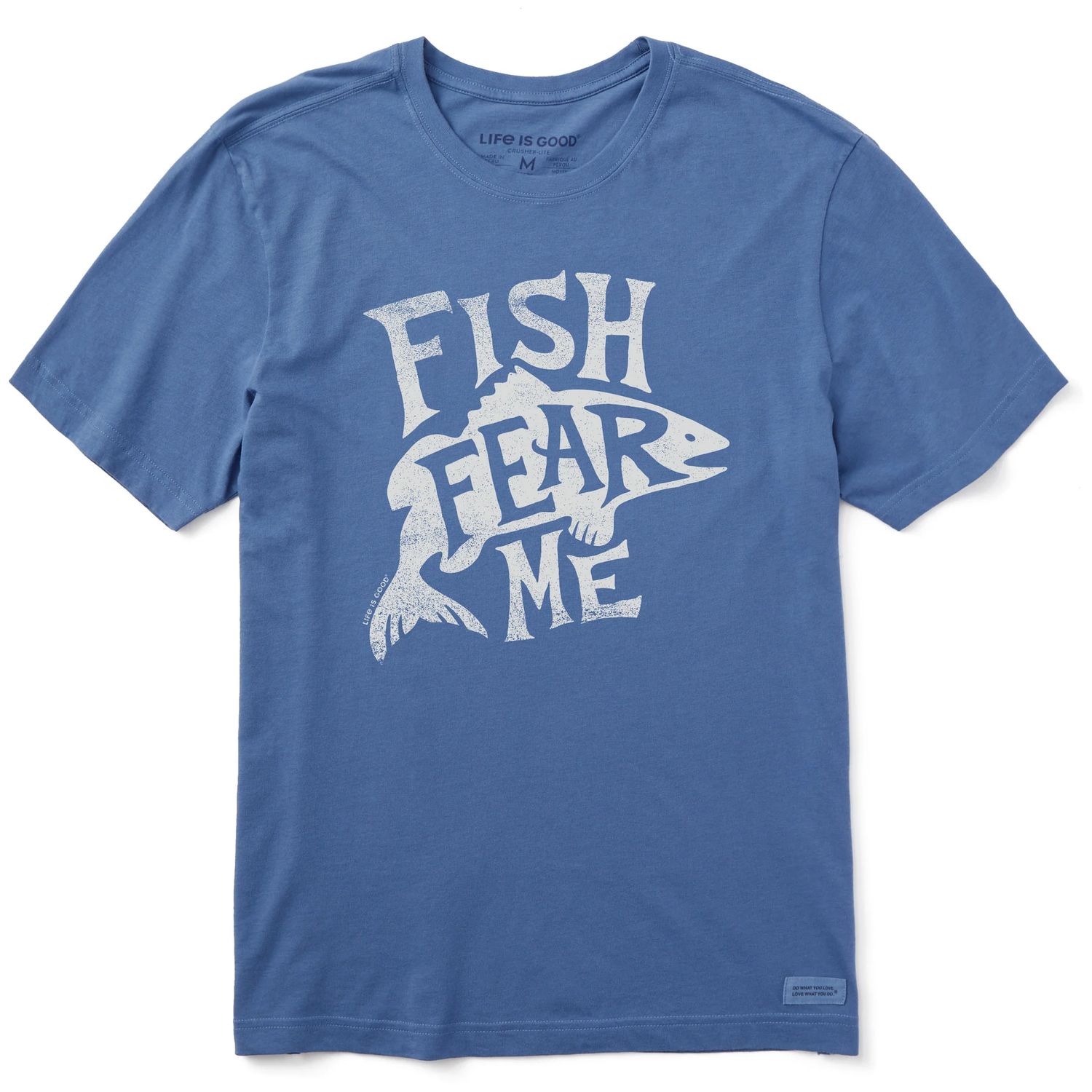 Life is Good Men's Typeout Fish Fear Me Short Sleeve Tee Shirt, Color: Vintage Blue, Size: Large
