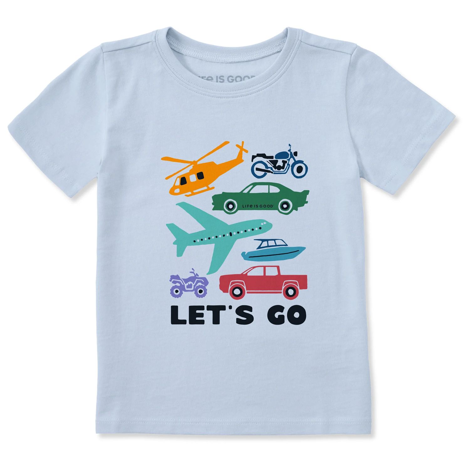 Life is Good Let's Go Vehicles Short Sleeve Toddler Tee Shirt, Color: Glacier Blue, Size: 2T