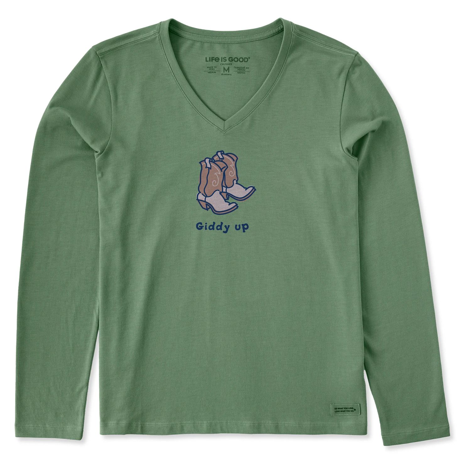 Life is Good Women's Giddy Up Cowboy Boots Long Sleeve Vee Neck Tee Shirt, Color: Granite Green, Size: XS
