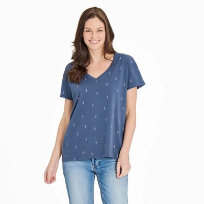 Life is Good Women's Wine Glass Pattern Vee Neck Tee Shirt