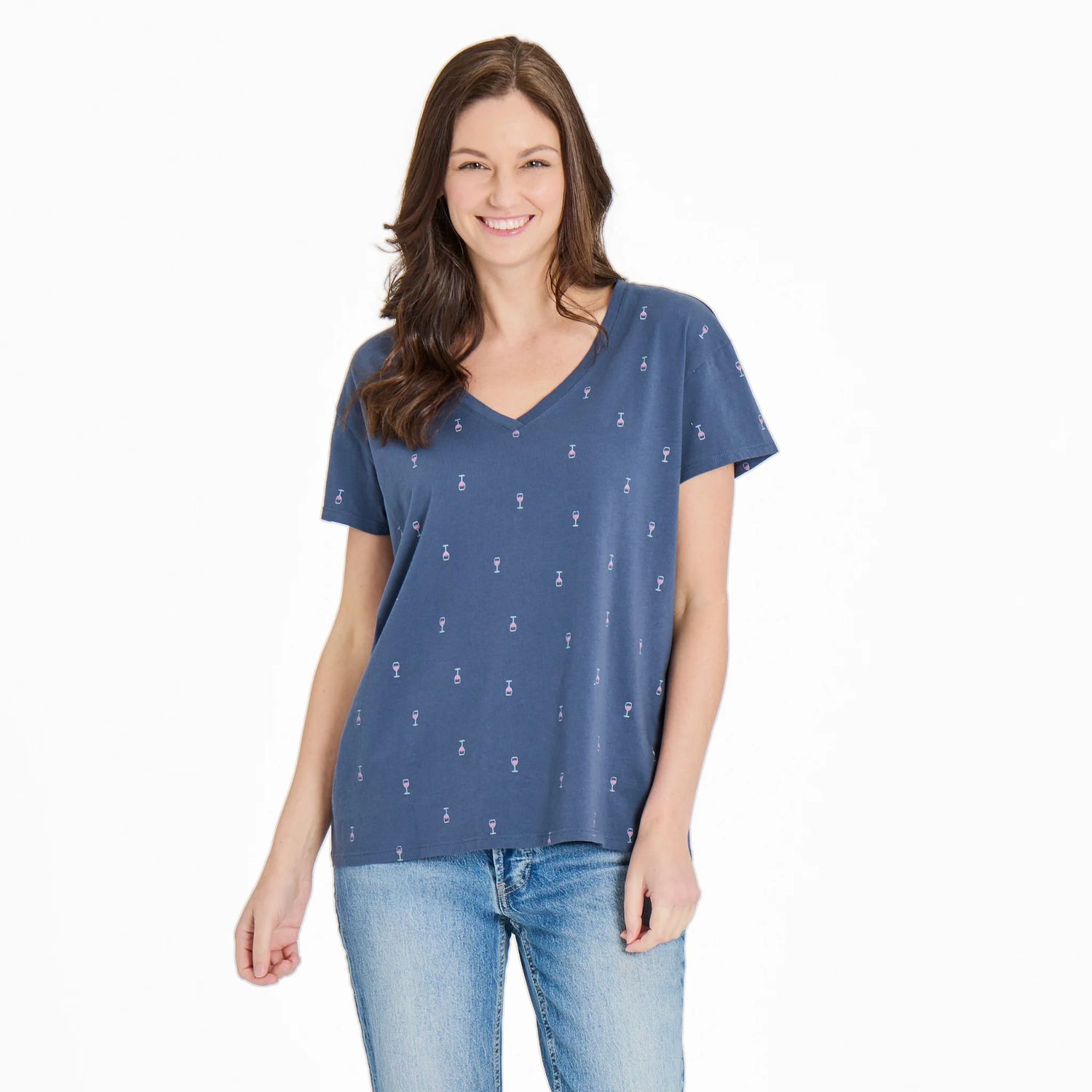Life is Good Women's Wine Glass Pattern Vee Neck Tee Shirt, Color: Darkest Blue, Size: Medium