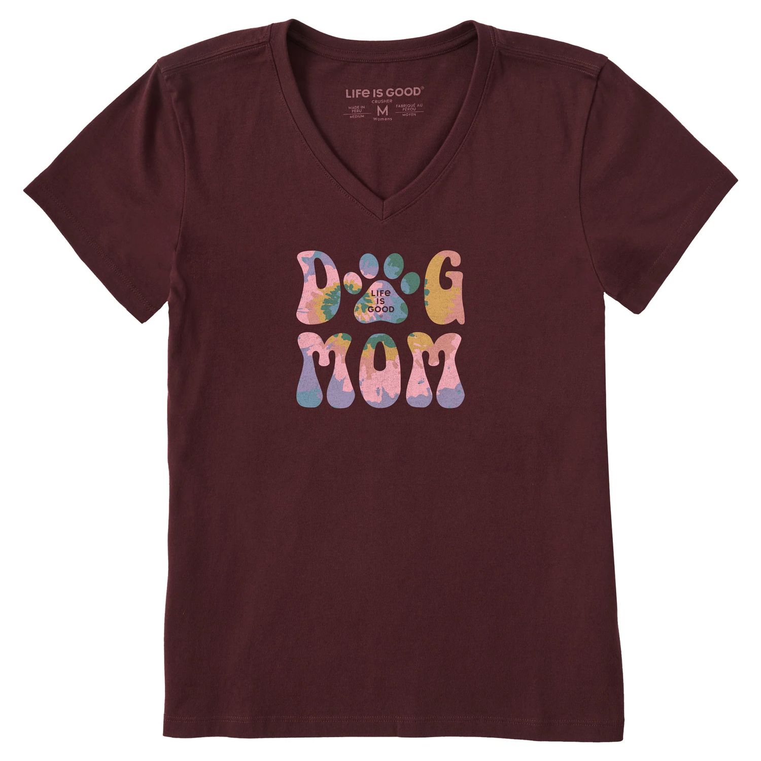 Life is Good Women's Tie Dye Dog Mom Short Sleeve Vee Neck Tee Shirt, Color: Deep Burgundy, Size: Medium