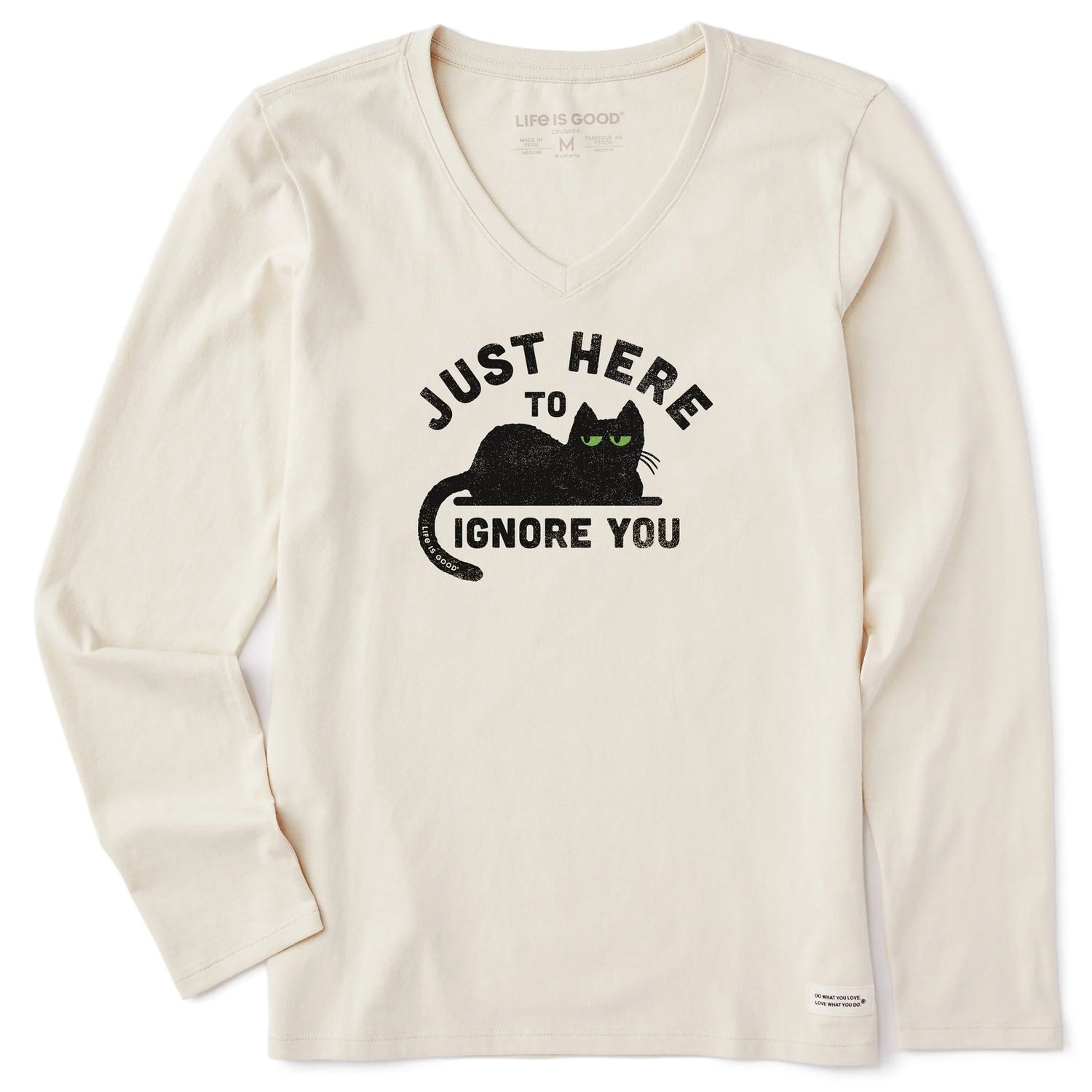 Life is Good Women's Here To Ignore You Long Sleeve Vee Neck Tee Shirt, Color: Putty White, Size: Medium