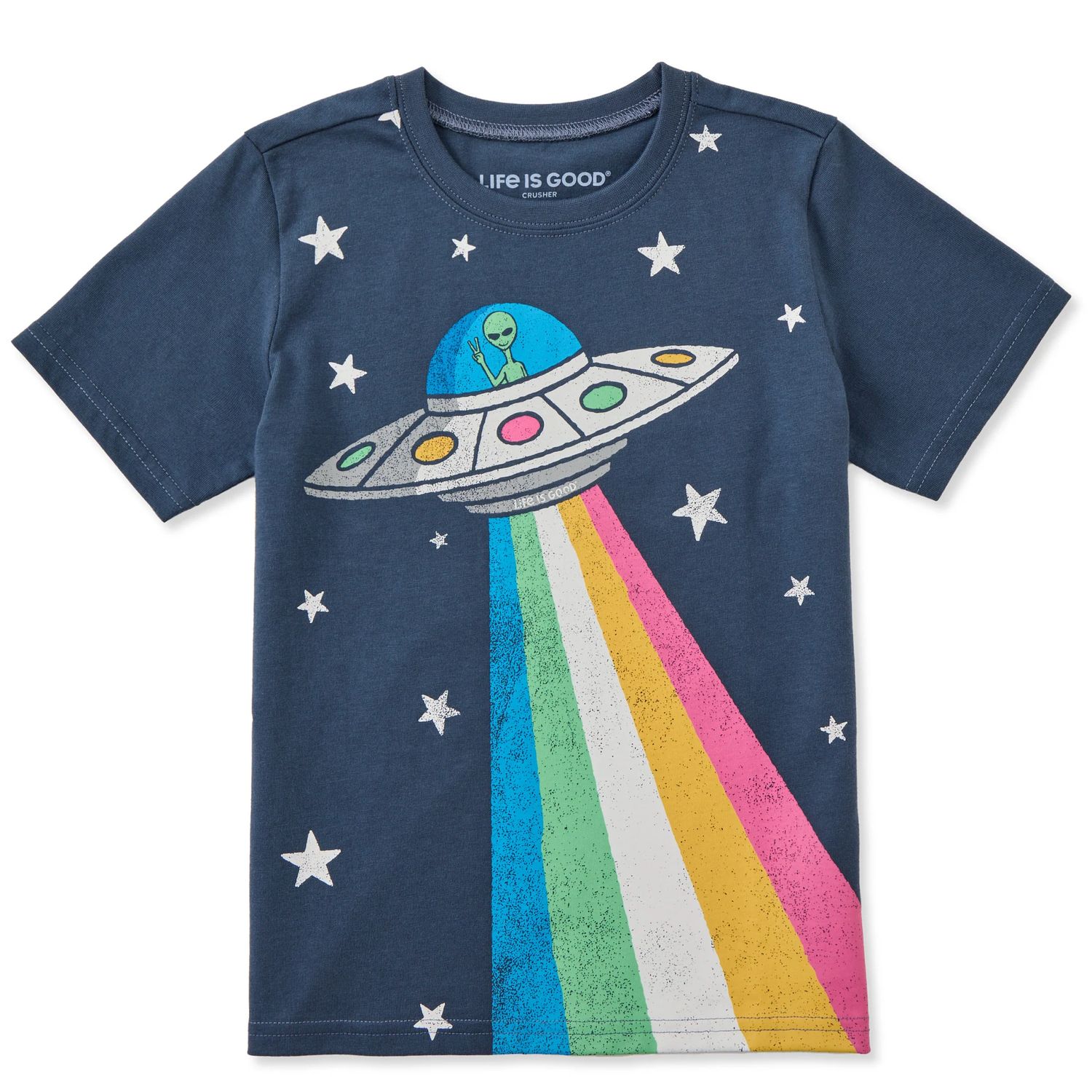 Life is Good Kids Space Alien Short Sleeve Crusher Tee Shirt, Color: Darkest Blue, Size: XS