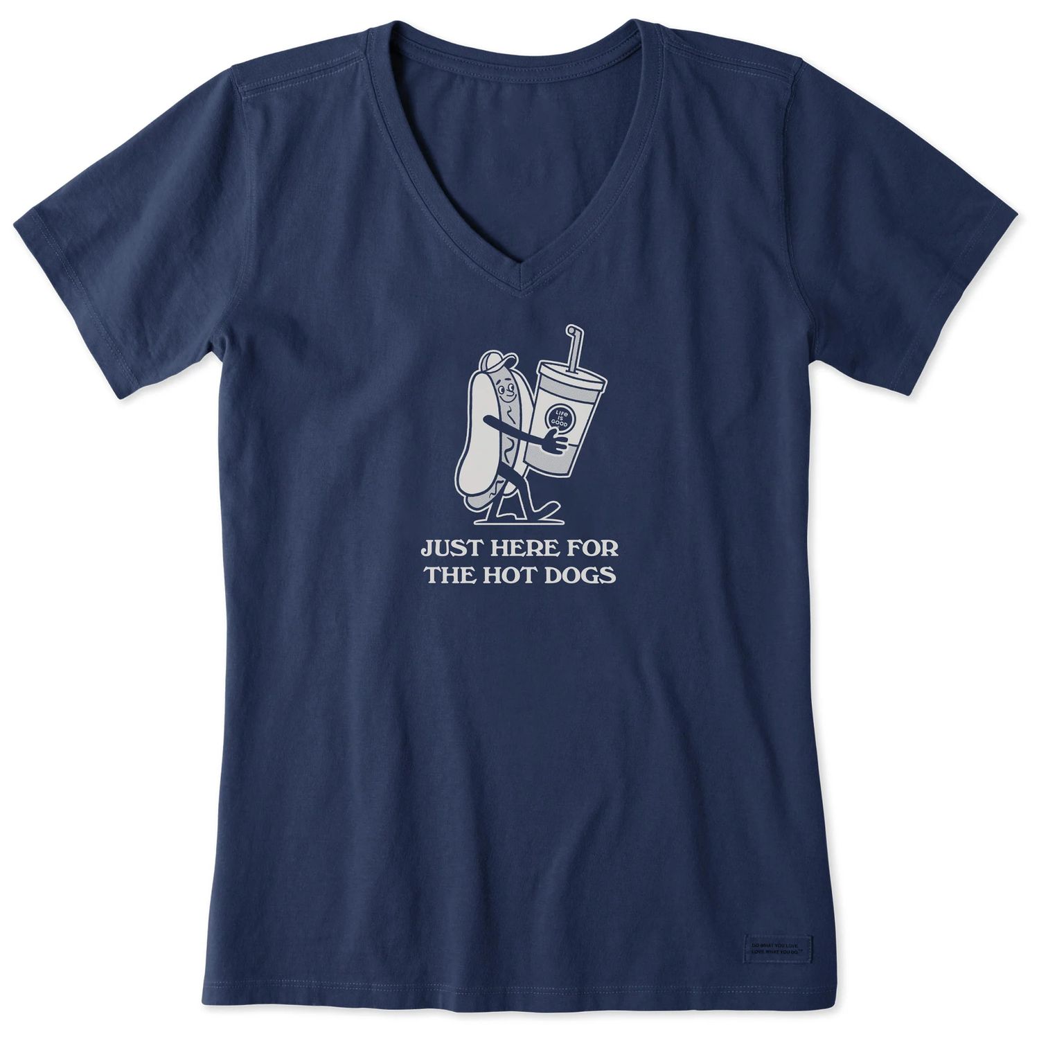 Life is Good Women's Here For The Hotdogs Short Sleeve Vee Neck Tee Shirt, Color: Darkest Blue, Size: Small