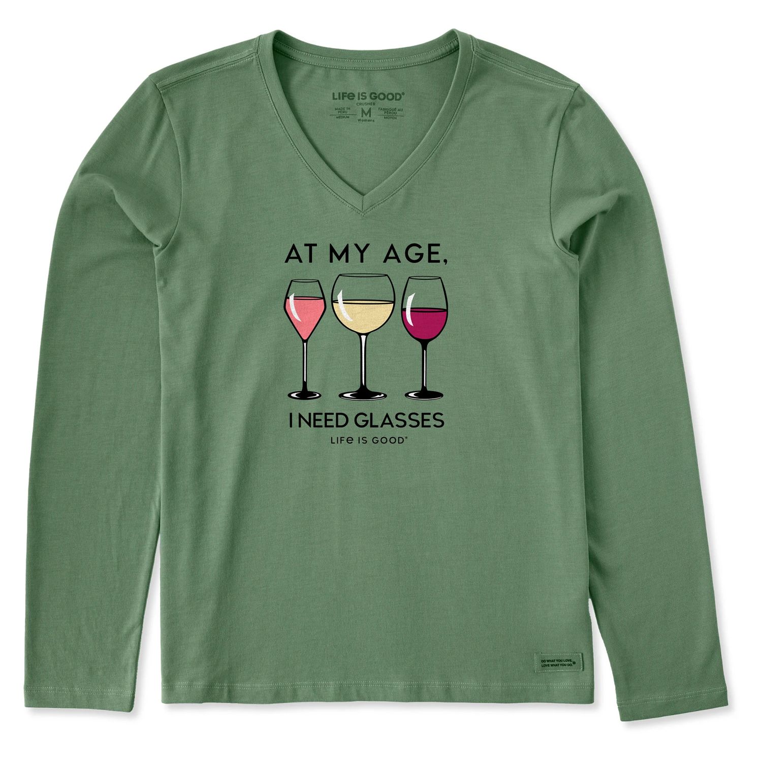 Life is Good Women's I Need Glasses Wine Long Sleeve Vee Neck Tee Shirt, Color: Granite Green, Size: Medium