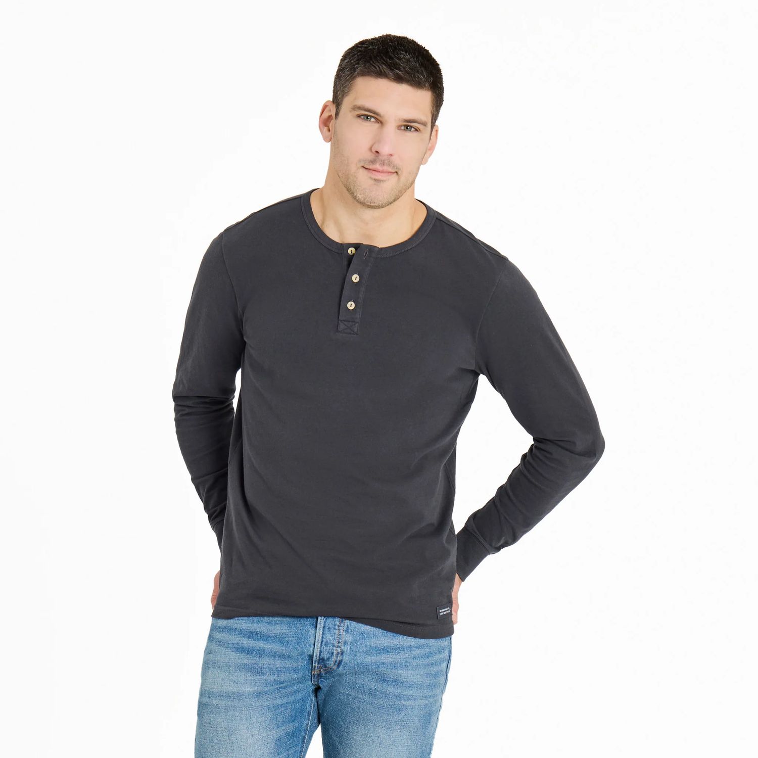Life is Good Men's Solid Long Sleeve Slim Fit Henley Shirt, Color: Faded Black, Size: Small