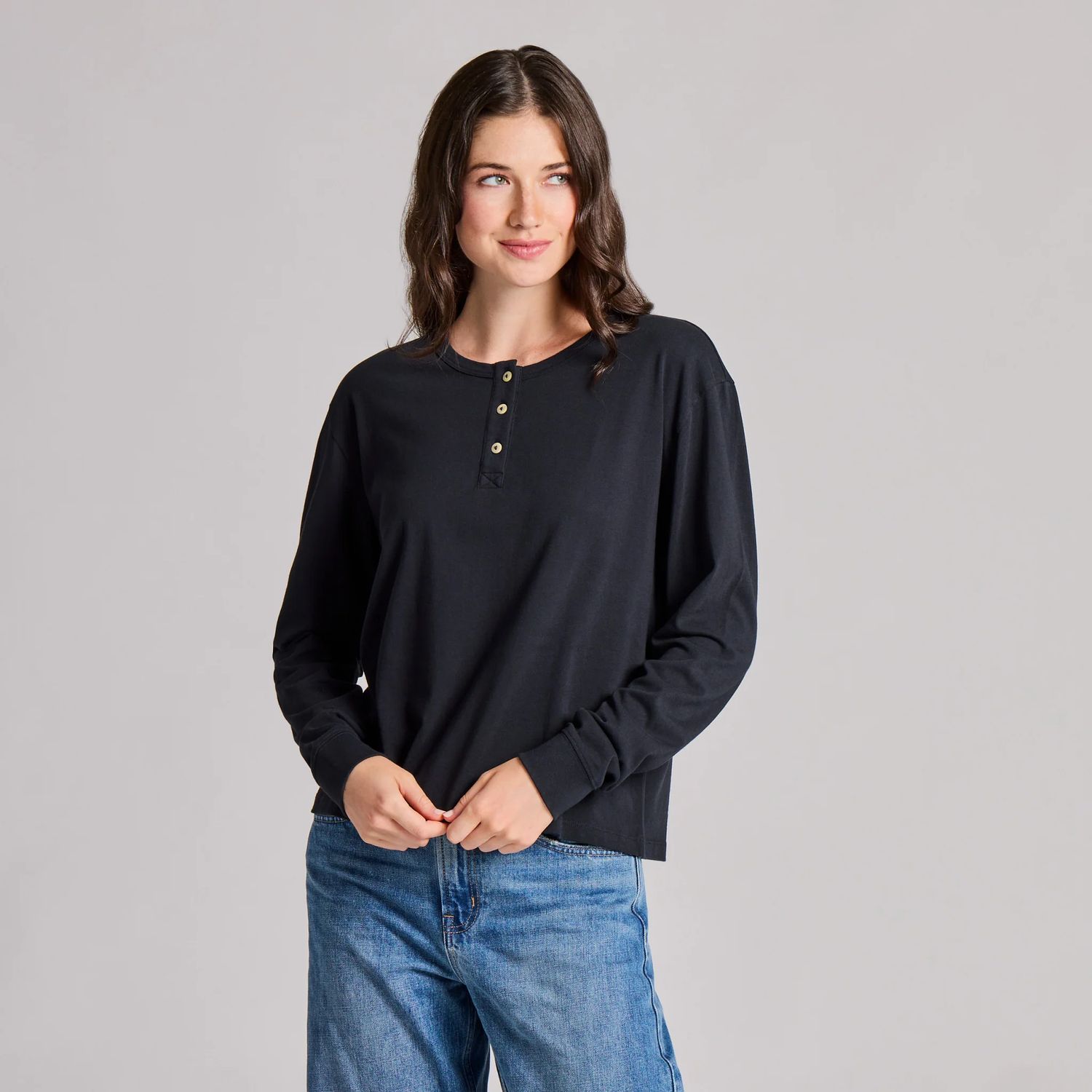 Women's Solid Crusher Boxy Henley Top, Color: Faded Black, Size: XL