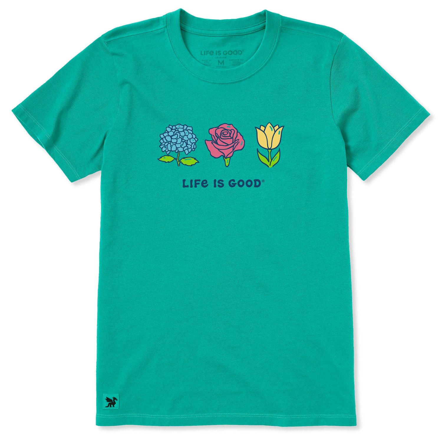Women's 3 Blossoms Short Sleeve Tee Shirt, Color: Turquoise Green, Size: Large