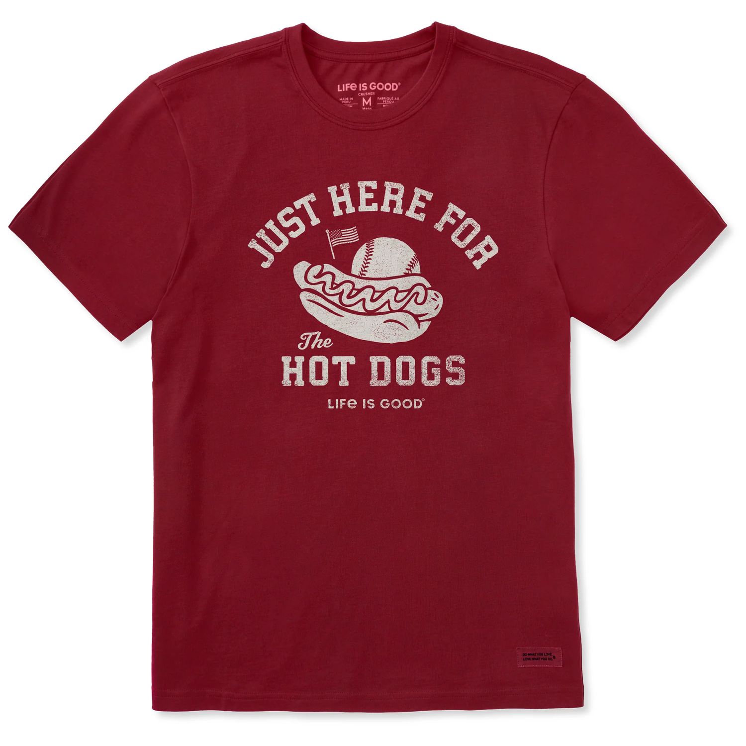 Life is Good Men's Here For The Hot Dogs Baseball Short Sleeve Tee Shirt, Color: Adirondack Red, Size: Large