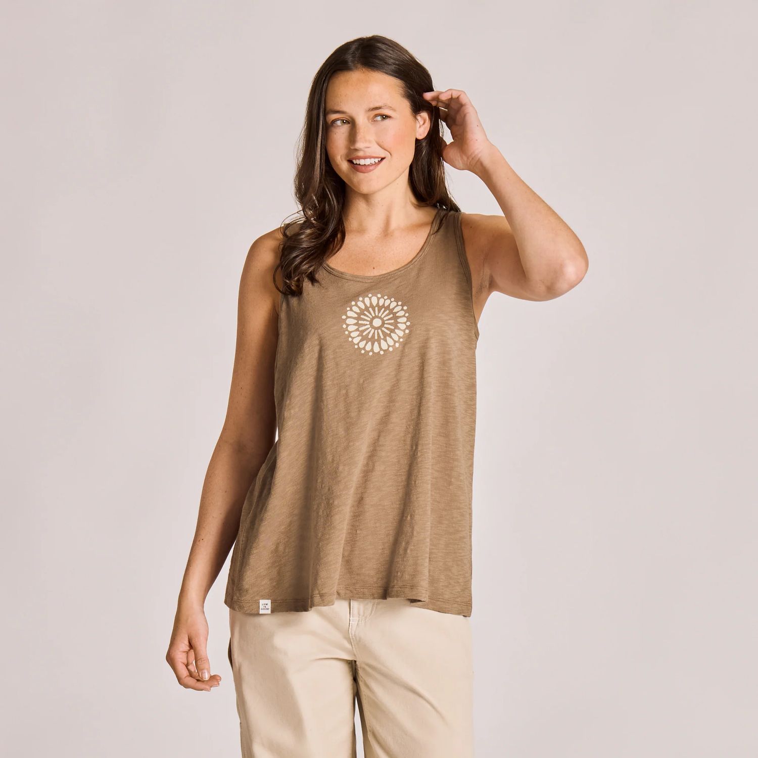 Life is Good Women's Crafty Mandala Slub Easy Fit Tank Top, Color: Mushroom Brown, Size: XS