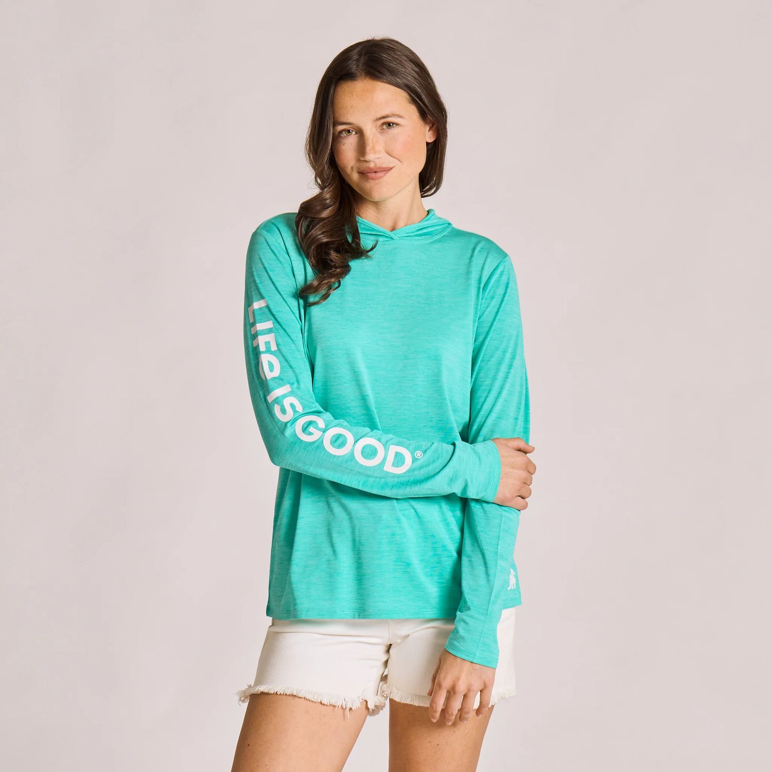 Life is Good Women's Long Sleeve Sun Crusher Hoodie, Color: Turquoise Green, Size: Small