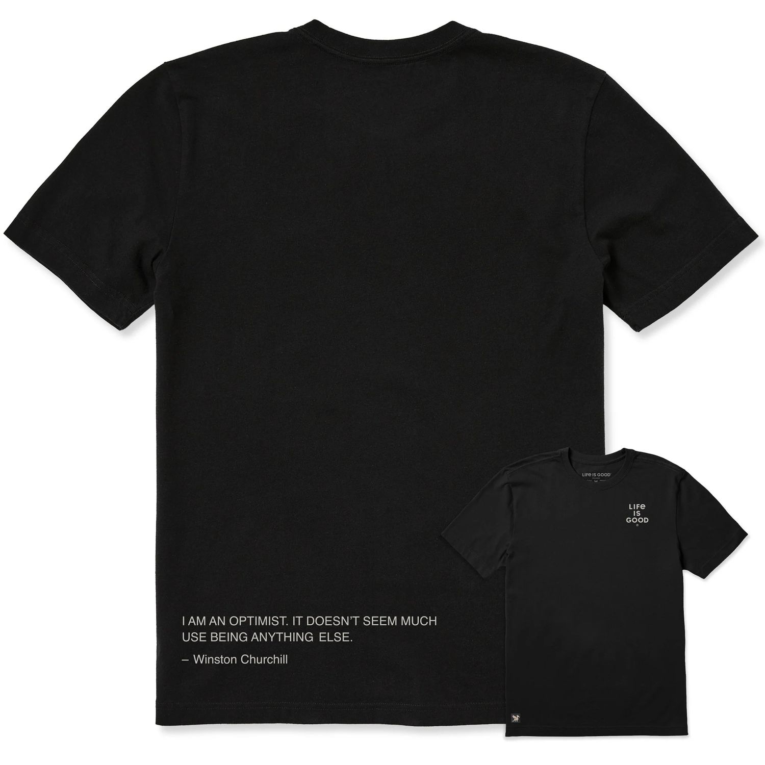 Life is Good Men's I Am An Optimist - Churchill Short Sleeve Tee Shirt, Color: Faded Black, Size: Medium
