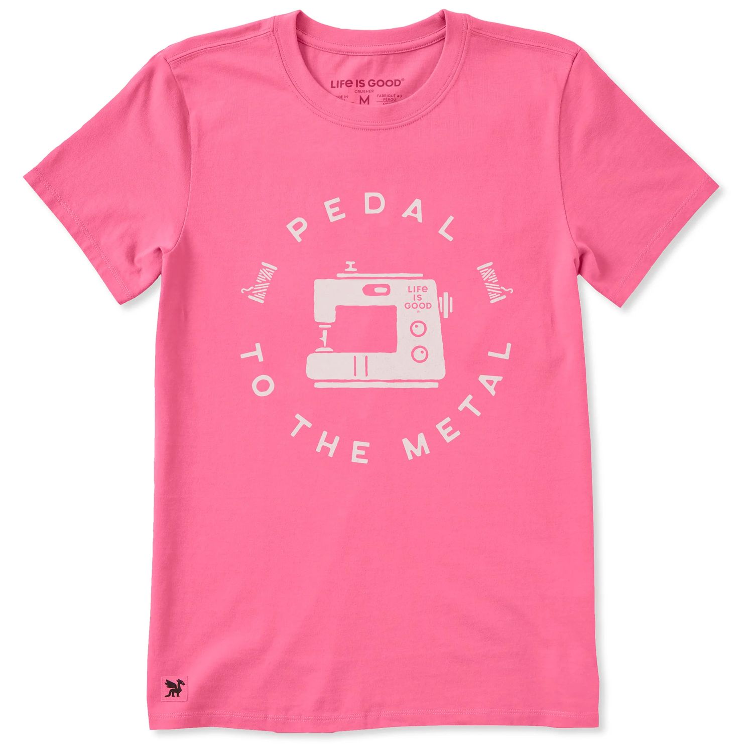 Life is Good Women's Pedal To The Metal Sewing Machine Short Sleeve Tee Shirt, Color: Watermelon Pink, Size: Large