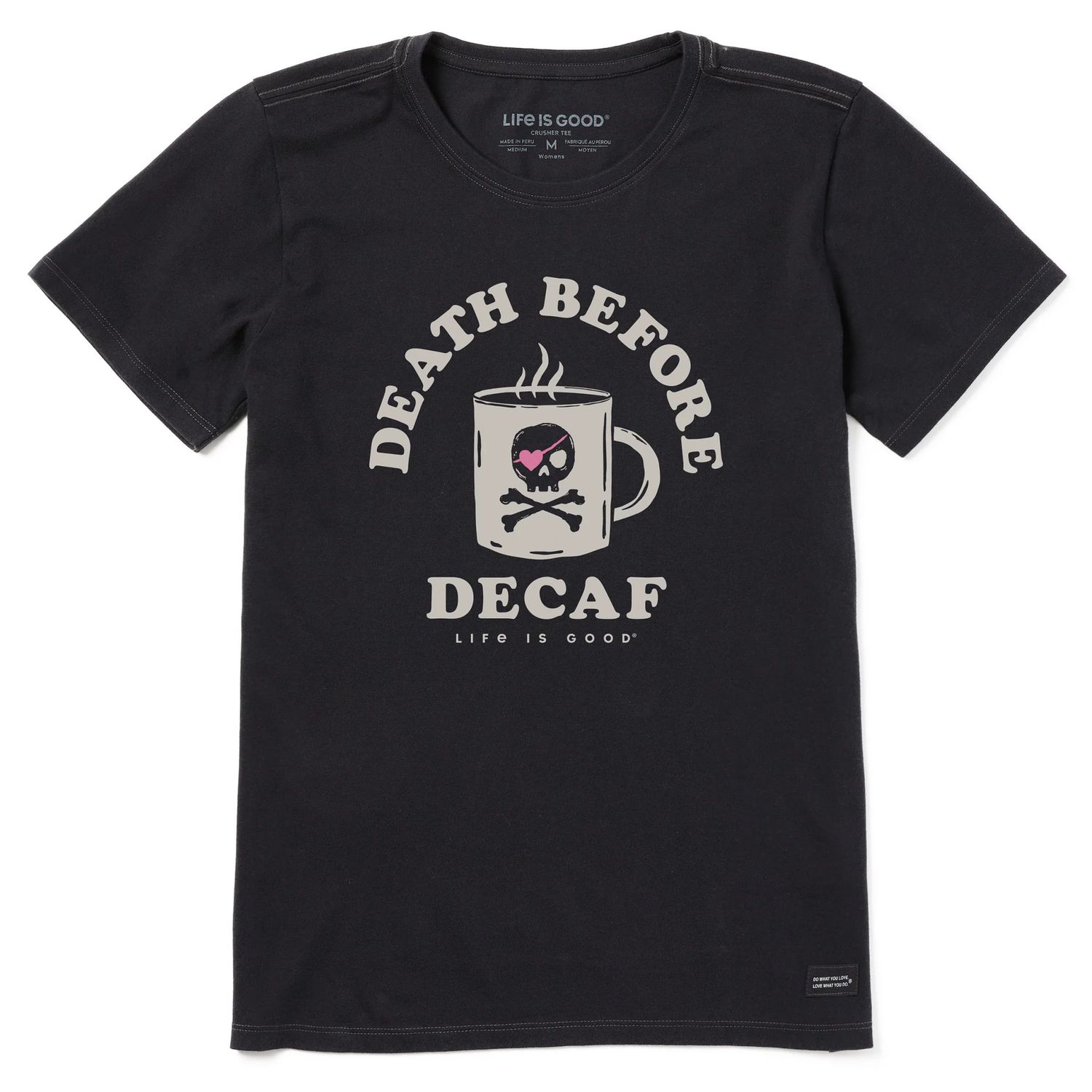 Life is Good Women's Death Before Decaf Jolly Roger Short Sleeve Tee Shirt, Color: Faded Black, Size: Medium