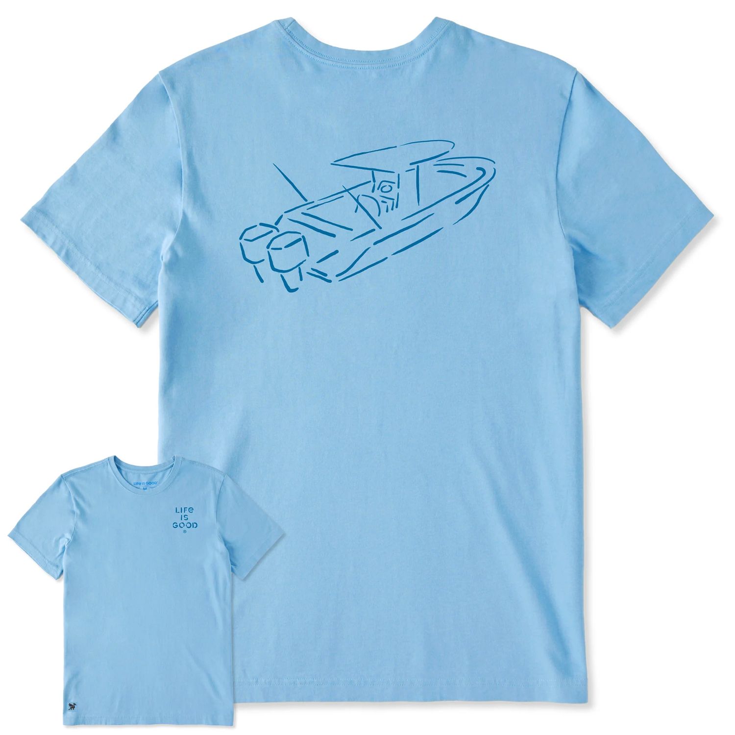 Life is Good Men's Open Console Boat Brush Short Sleeve Tee Shirt, Color: Cool Blue, Size: Medium
