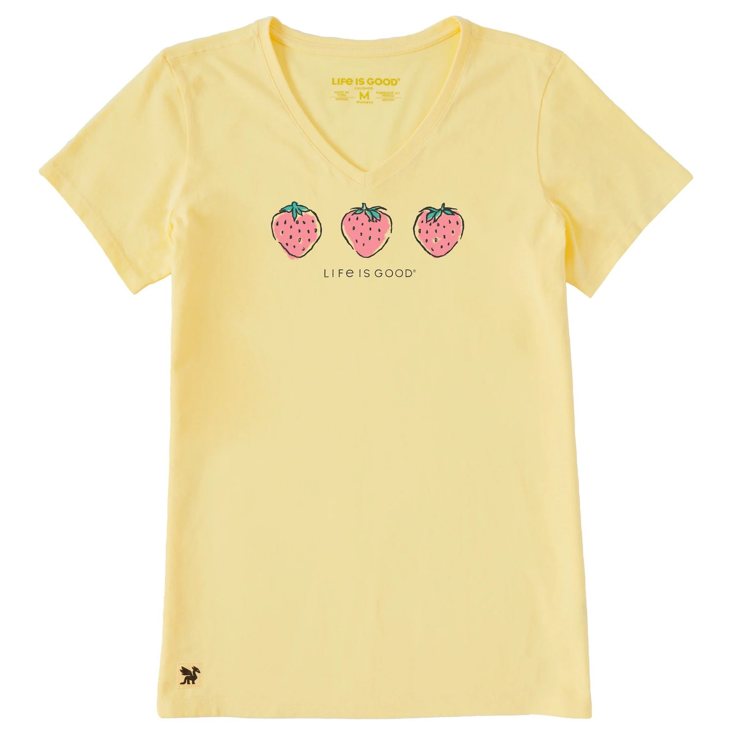 Life is Good Women's Three Crafty Strawberries Short Sleeve Tee Shirt, Color: Sandy Yellow, Size: Medium