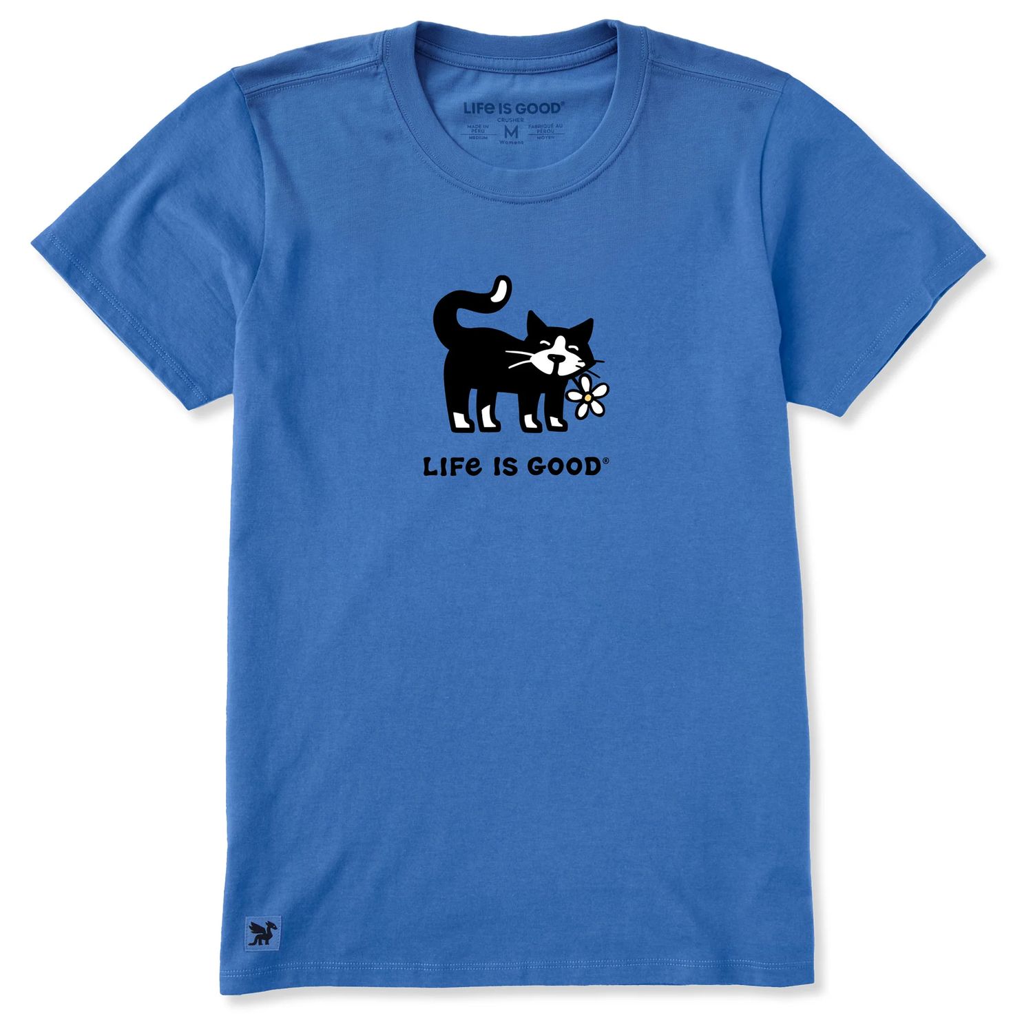 Life is Good Women's Tuxedo Cat Daisy Short Sleeve Tee Shirt, Color: Athletic Blue, Size: Medium