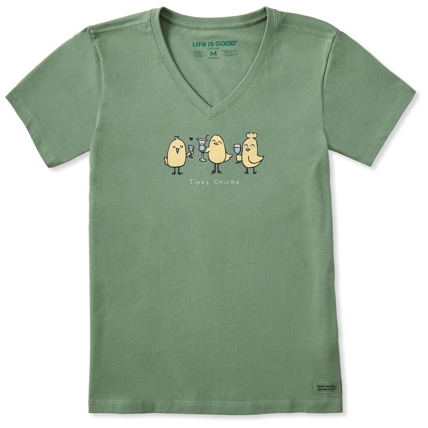 Life is Good Women's Three Tipsy Chicks Short Sleeve Tee Shirt, Color: Granite Green, Size: XS