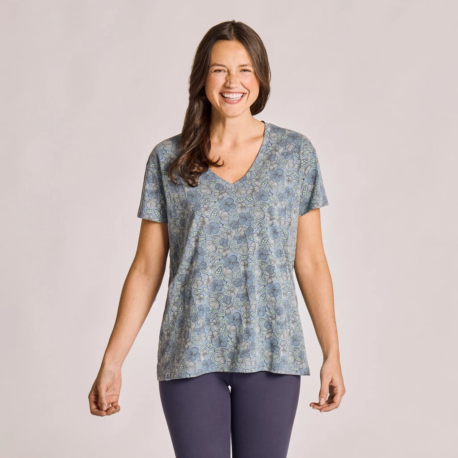 Women's Woodblock Floral Pattern Short Sleeve Tee Shirt, Color: Slate Blue, Size: Medium