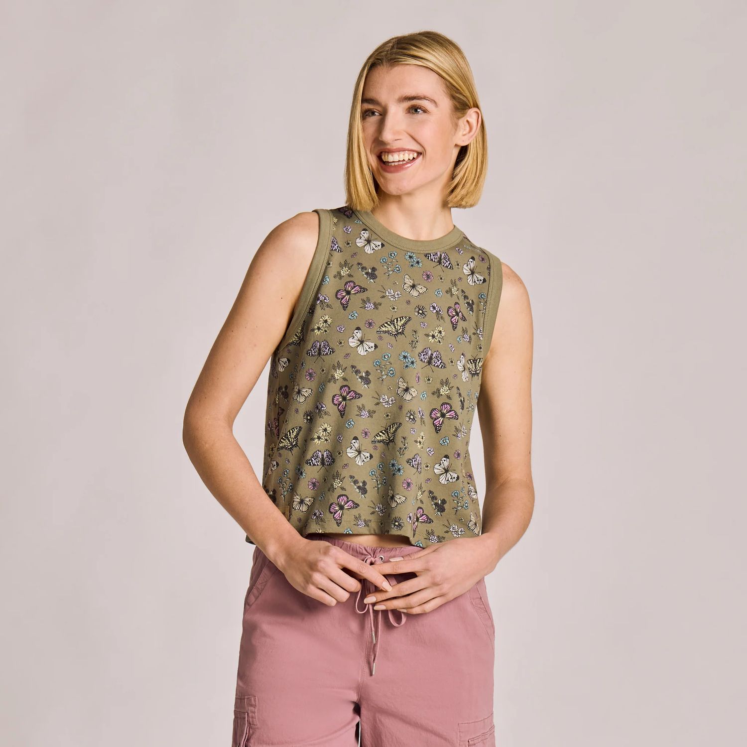 Life is Good Women's Butterfly Garden Pattern Tank Top, Color: Moss Green, Size: Medium