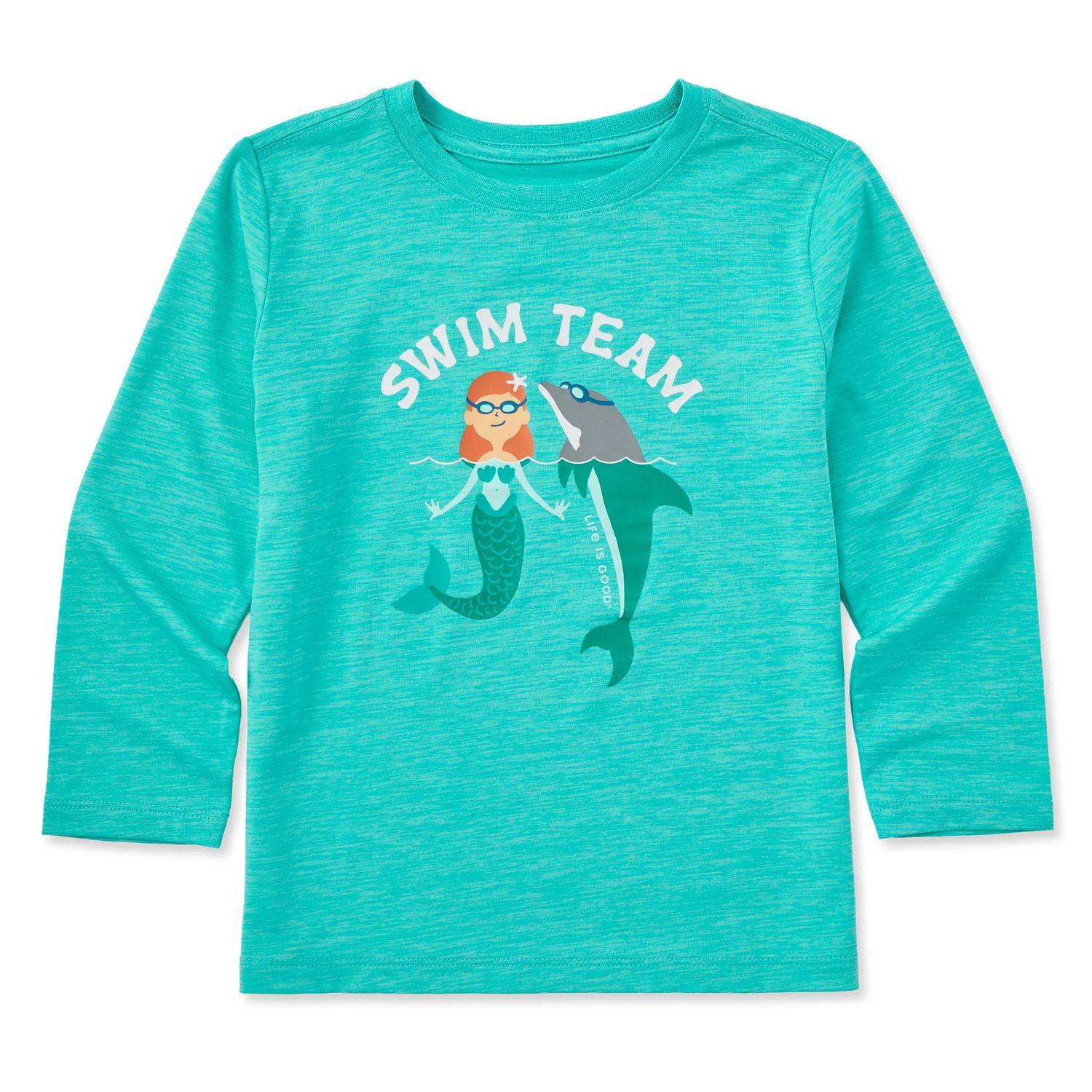Life is Good Swim Team Mermaid And Dolphin Long Sleeve Toddler Tee Shirt, Color: Turquoise Green, Size: 18M