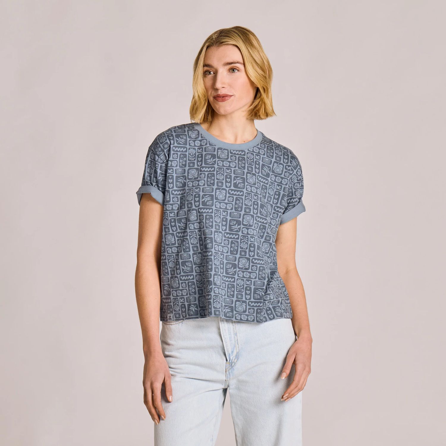 Life is Good Women's Woodblock Icon Pattern Short Sleeve Tee Shirt, Color: Slate Blue, Size: Small