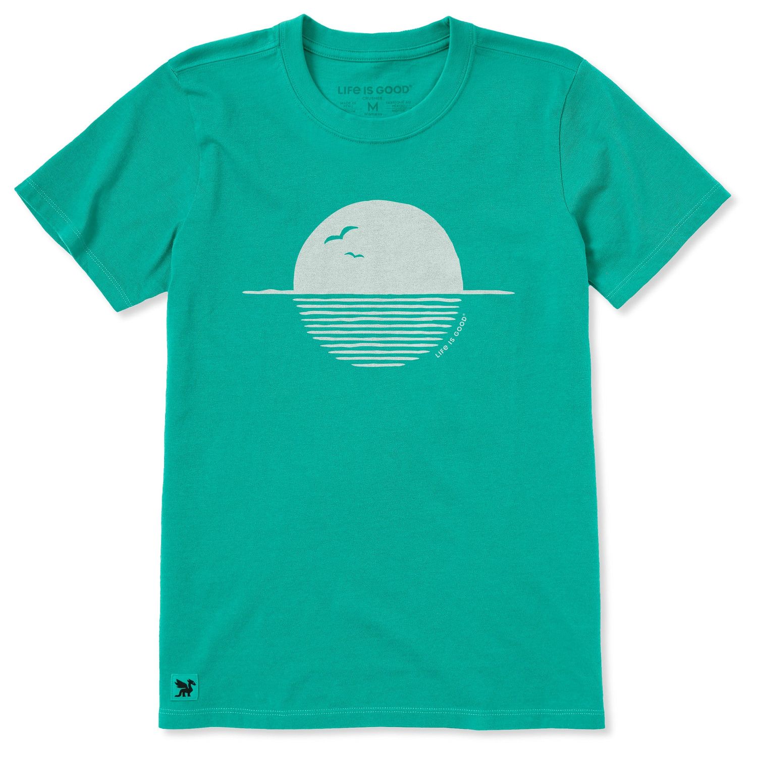 Life is Good Women's Sunset Seagulls Wave Lines Short Sleeve Tee Shirt, Color: Turquoise Green, Size: Medium