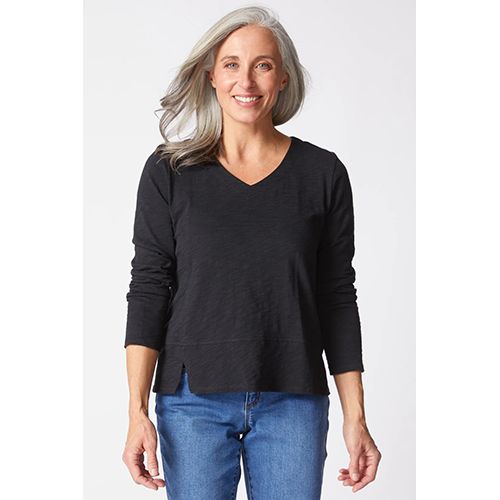 Cotton Pebble Seamed Long Sleeve Tee, Color: Black, Size: Small