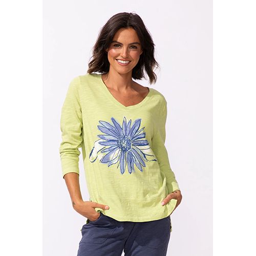 Destination Easy V Tee - Impressionist Sunflower, Color: Kiwi, Size: XS