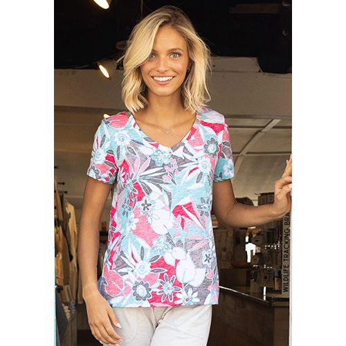 Fui Floral V-Neck Tee, Color: Poppy, Size: Small