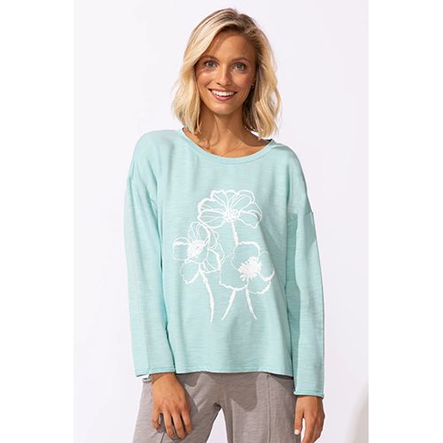 Destination Terry Sketched Blooms Pullover, Color: Mint, Size: XS