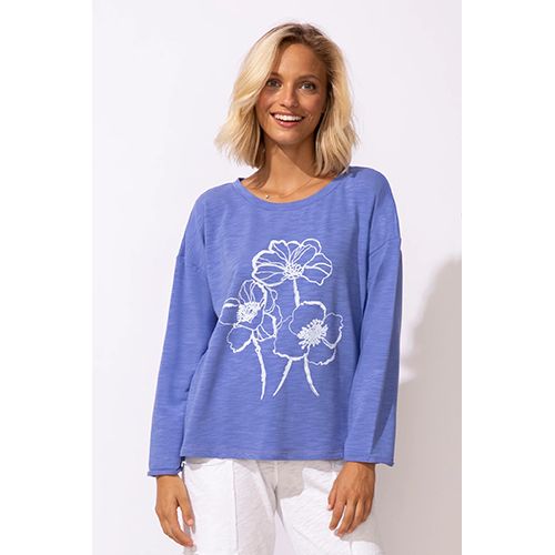 Escape Destination Terry Sketched Blooms Pullover, Women's, Color: Baja Blue, Size: XS