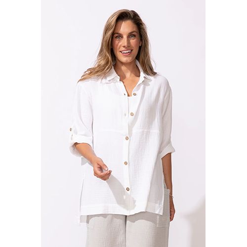 Sunkissed Gauze 3/4 Sleeve Beach Shirt, Color: White, Size: XS