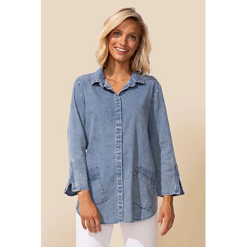 Perfect Travel Zip Sleeve Shirt, Color: Lt Denim, Size: XS